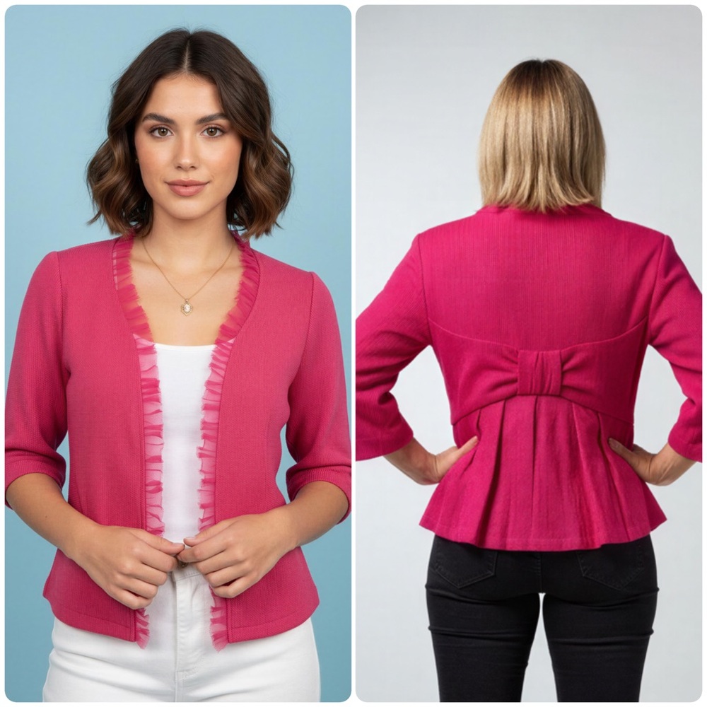 Kay Unger New York Pink Ruffle Cardigan with Bow Detail -- S